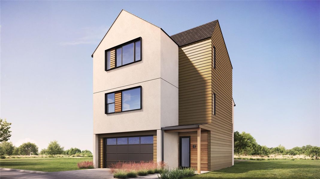 Contemporary house with a front yard, stucco siding, and a garage
