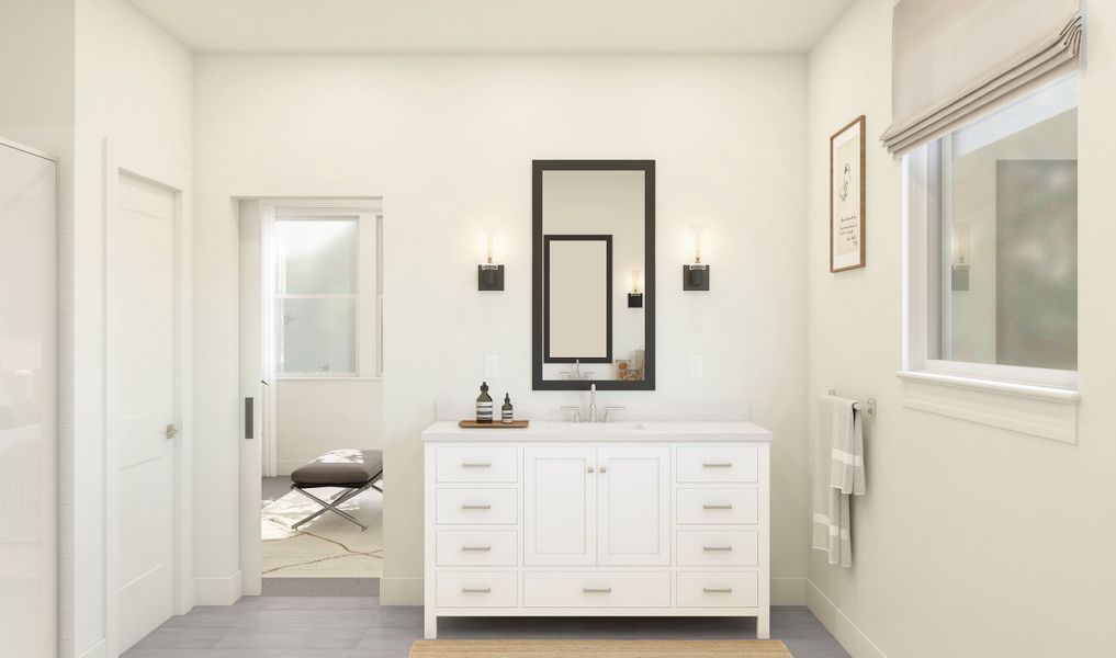 Primary bath with freestanding vanity