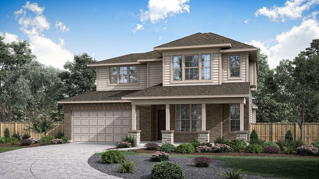 Representative exterior photo of a completed home built from the Wycoff by Pacesetter Homes in Crosswinds, Kyle, TX (Image 1). Representative exterior photo of a completed home built from the Wycoff by Pacesetter Homes in Crosswinds, Kyle, TX (Image 1).