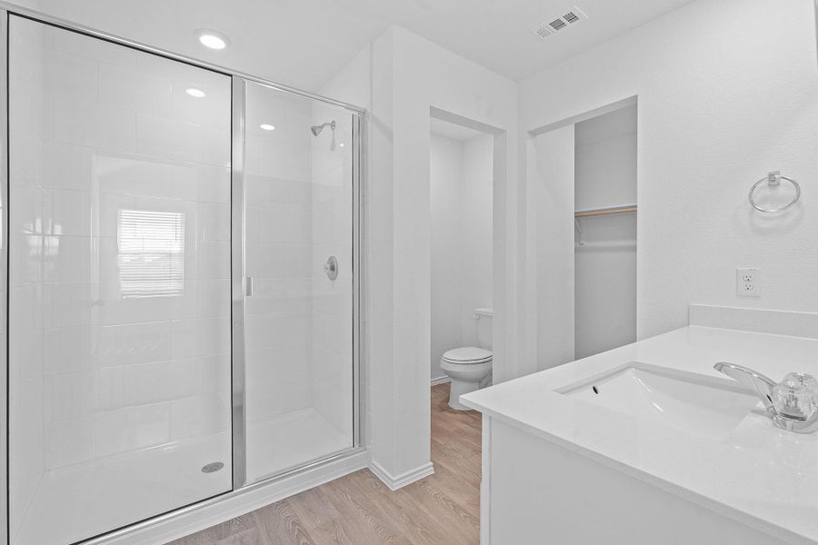 Full bathroom with light wood finished floors, vanity, a stall shower, a spacious closet, and recessed lighting