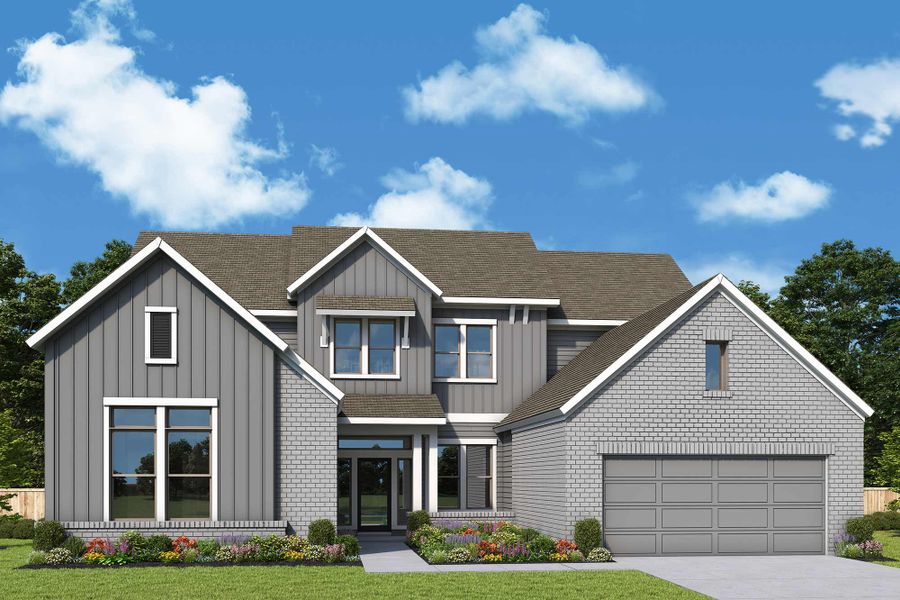 Front exterior of a new home in Pecan Square - Estates, Northlake, TX, highlighting curb appeal (Image 2). Front exterior of a new home in Pecan Square - Estates, Northlake, TX, highlighting curb appeal (Image 2).