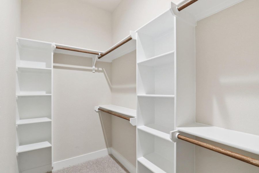 Large primary walk-in closet with built in shelving Large primary walk-in closet with built in shelving