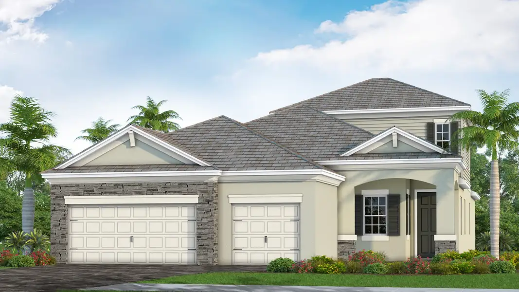 Front exterior of a new home in Palm Grove, Lakewood Ranch, FL, highlighting curb appeal (Image 1). Front exterior of a new home in Palm Grove, Lakewood Ranch, FL, highlighting curb appeal (Image 1).