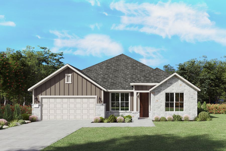 The Azle, a one-story new home design shown with home exterior HC 201 The Azle, a one-story new home design shown with home exterior HC 201