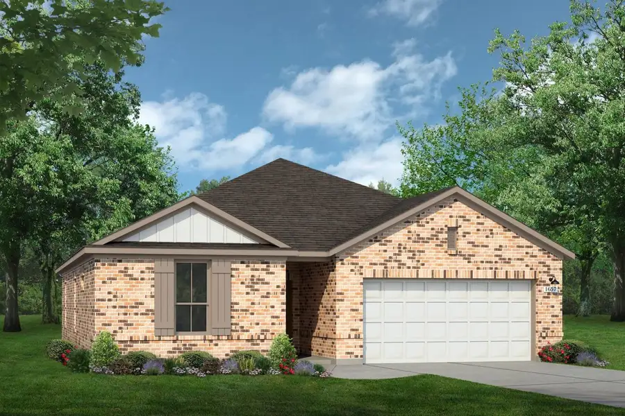Rendering of one story home with two-tone siding, accents, and garage, and orange tone brick, as well as driveway, and landscaping Rendering of one story home with two-tone siding, accents, and garage, and orange tone brick, as well as driveway, and landscaping