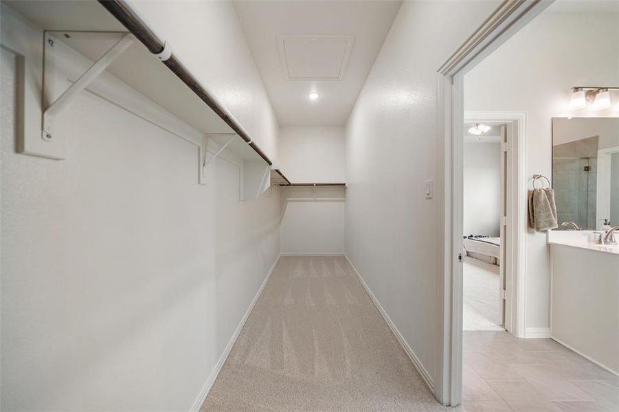 Spacious closet featuring attic access and light colored carpet Spacious closet featuring attic access and light colored carpet