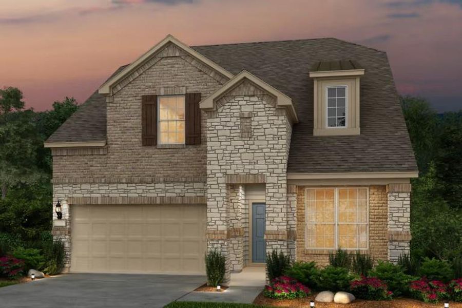 Front exterior of a new home in Mavera, Conroe, TX, highlighting curb appeal (Image 1). Front exterior of a new home in Mavera, Conroe, TX, highlighting curb appeal (Image 1).