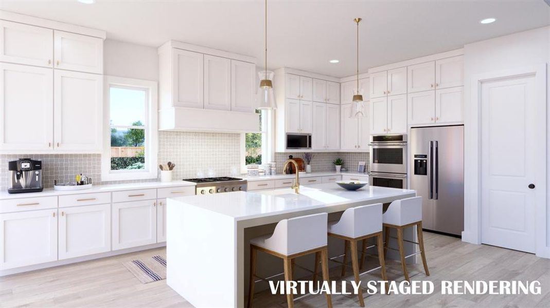 No shortage of style, prep or storage space in this chef's dream kitchen!  VIRTUALLY STAGED RENDERING