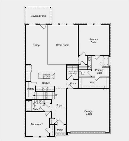 First Floor Plan - Additional highlights include: covered back patio, gourmet kitchen with built-in appliances, window blinds, and quartz countertops