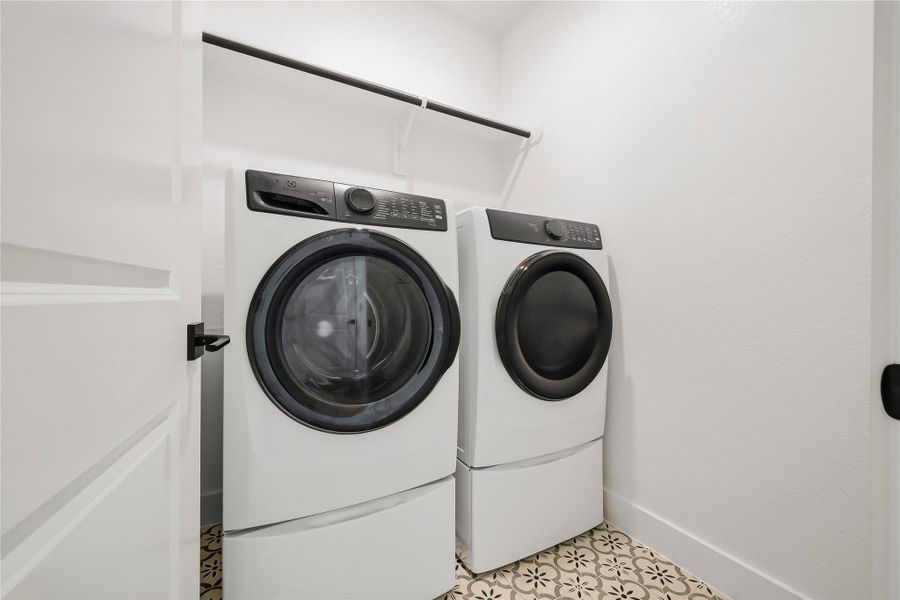 The utility room combines style and convenience with decorative tile flooring, while the Electrolux washer and electric dryer are included with the home. The utility room combines style and convenience with decorative tile flooring, while the Electrolux washer and electric dryer are included with the home.