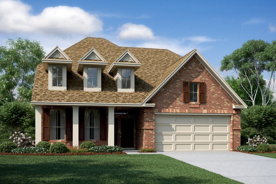 Representative exterior photo of a completed home built from the Sawyer II by K. Hovnanian® Homes in Oakwood Estates, Waller, TX (Image 2). Representative exterior photo of a completed home built from the Sawyer II by K. Hovnanian® Homes in Oakwood Estates, Waller, TX (Image 2).