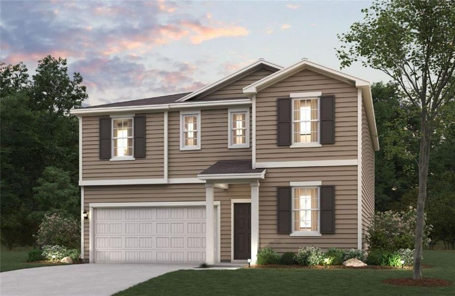Front exterior of a new home in Union Heights, Flowery Branch, GA, highlighting curb appeal (Image 2). Front exterior of a new home in Union Heights, Flowery Branch, GA, highlighting curb appeal (Image 2).
