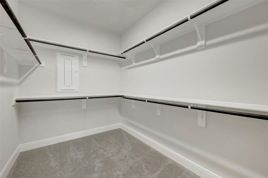 Walk-in closet featuring light gray carpeting, white baseboards, and white walls