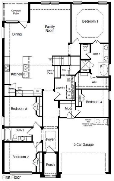 D.R. Horton's Aspen floorplan, 1st floor - All Home and community information, including pricing, included features, terms, availability and amenities, are subject to change at any time without notice or obligation. All Drawings, pictures, photographs, video, square footages, floor plans, elevations, features, colors and sizes are approximate for illustration purposes only and will vary from the homes as built.