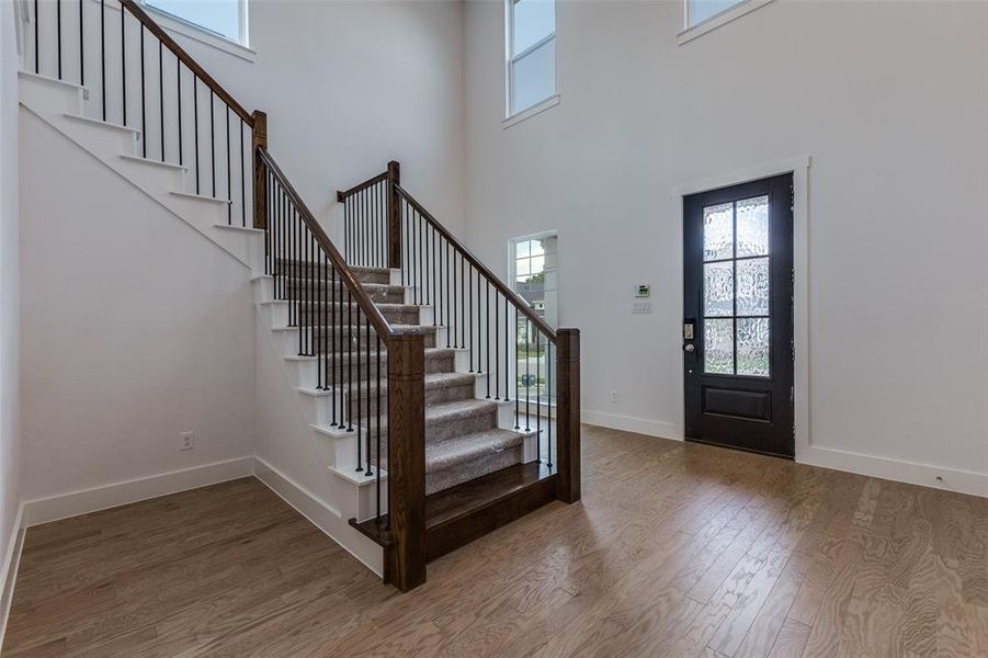 Entrance foyer with hardwood / wood-style floors and a high ceiling