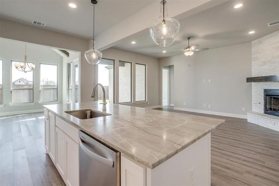 Kitchen featuring white cabinets, sink, stainless steel dishwasher, a fireplace, and wood-type flooring