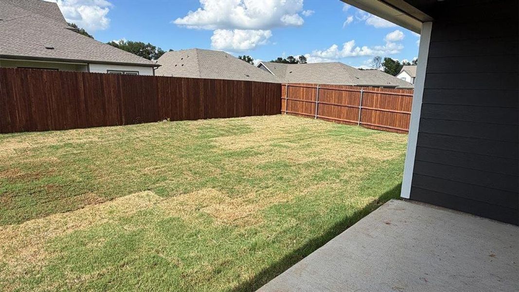 Spacious backyard featuring a new privacy fence, an integrated concrete patio, and a blend of green and established lawn