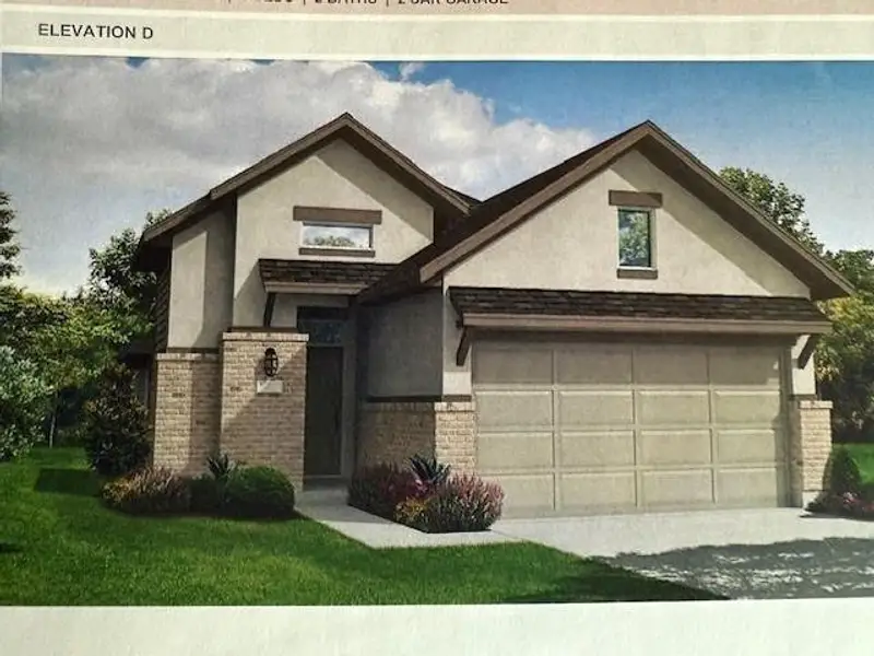 Front exterior of a new home in Grand Central Park, Conroe, TX, highlighting curb appeal (Image 1).