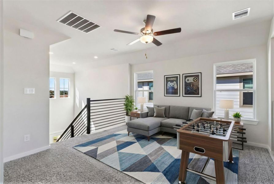 Virtually staged representation of the game room. Representative Photo. Not Actual Home. Colors and features may vary.
