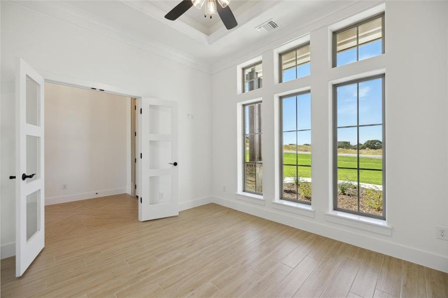 Spare room featuring french doors, a towering ceiling, crown molding, light hardwood / wood-style floors, and ceiling fan