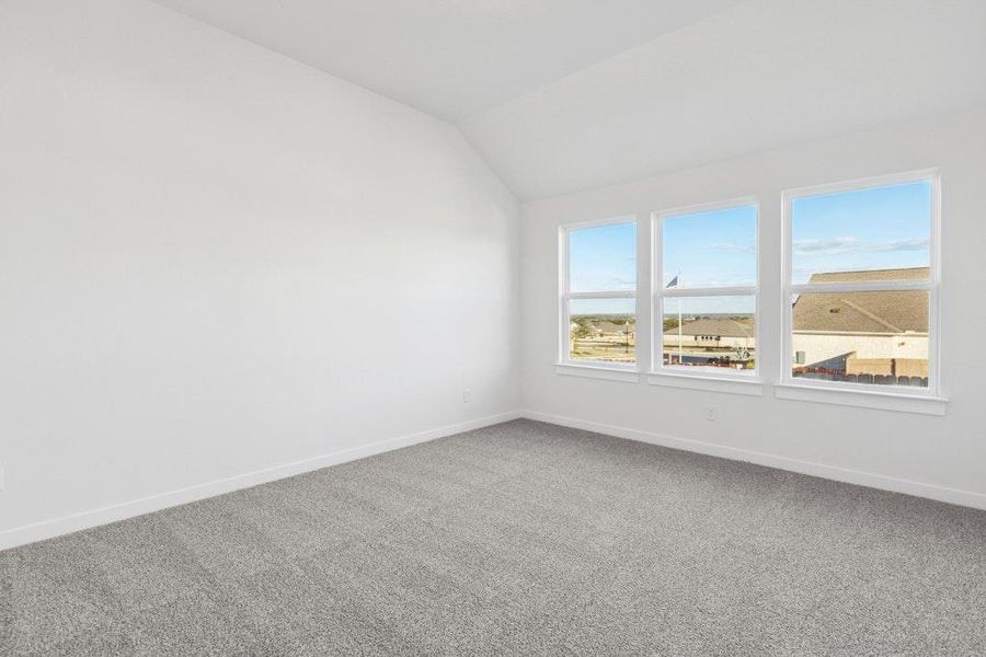 Carpeted empty room featuring baseboards and lofted ceiling Carpeted empty room featuring baseboards and lofted ceiling