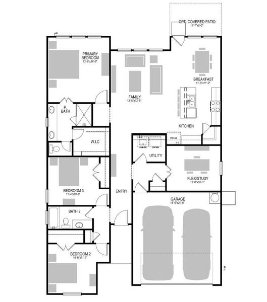 2D floor plan layout of this home in Prairie Winds, Hutto, TX (Image 3).