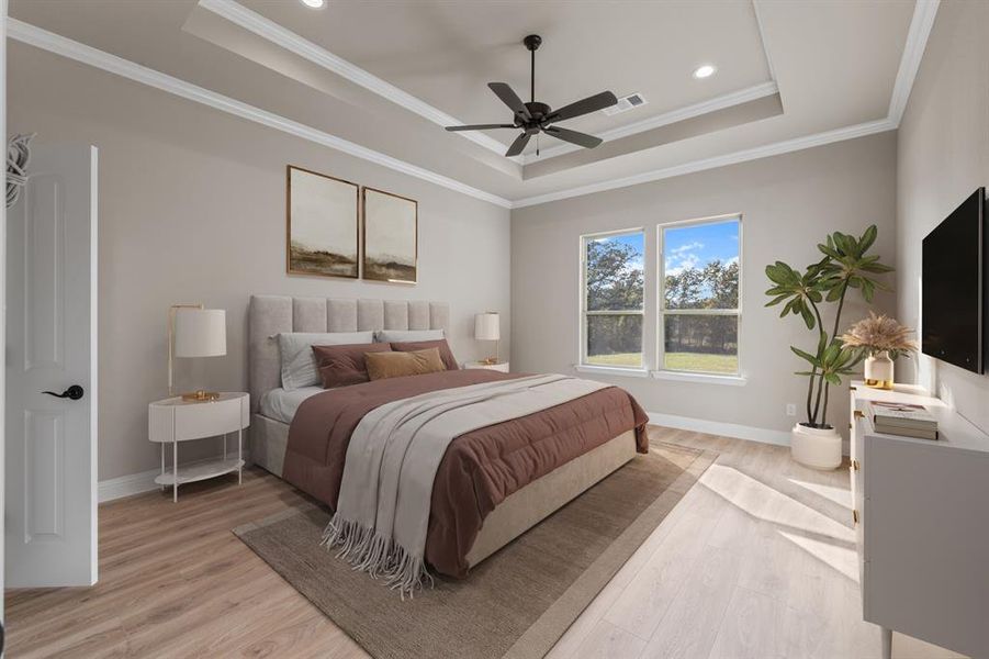 Virtually staged primary suite. Virtually staged primary suite.