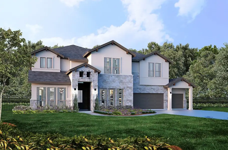 Front exterior of a new home in Riverstone, Georgetown, TX, highlighting curb appeal (Image 1). Front exterior of a new home in Riverstone, Georgetown, TX, highlighting curb appeal (Image 1).