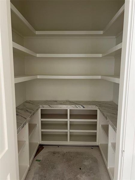 Fantastic pantry built like a chef pantry. Electrical outlets and counter space to plug in your small appliances.