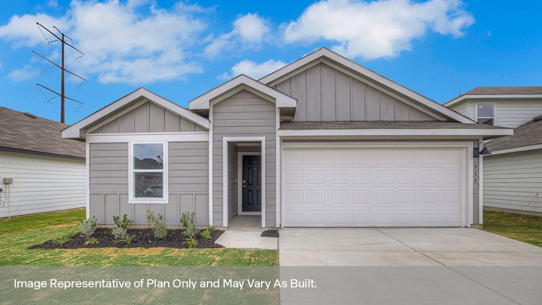 Representative exterior photo of a completed home built from the The Baylor by D.R. Horton in Swenson Heights, Seguin, TX (Image 1). Representative exterior photo of a completed home built from the The Baylor by D.R. Horton in Swenson Heights, Seguin, TX (Image 1).