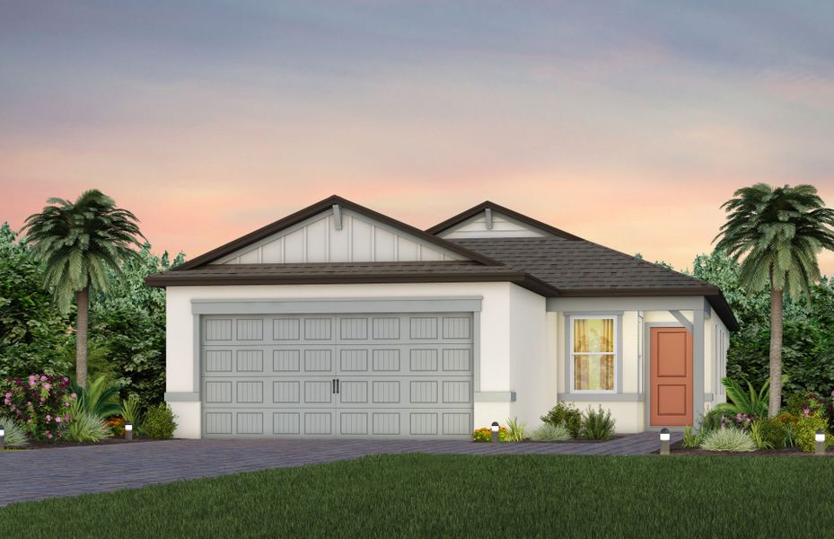 Front exterior of a new home in Del Webb Sunchase, Parrish, FL, highlighting curb appeal (Image 2). Front exterior of a new home in Del Webb Sunchase, Parrish, FL, highlighting curb appeal (Image 2).