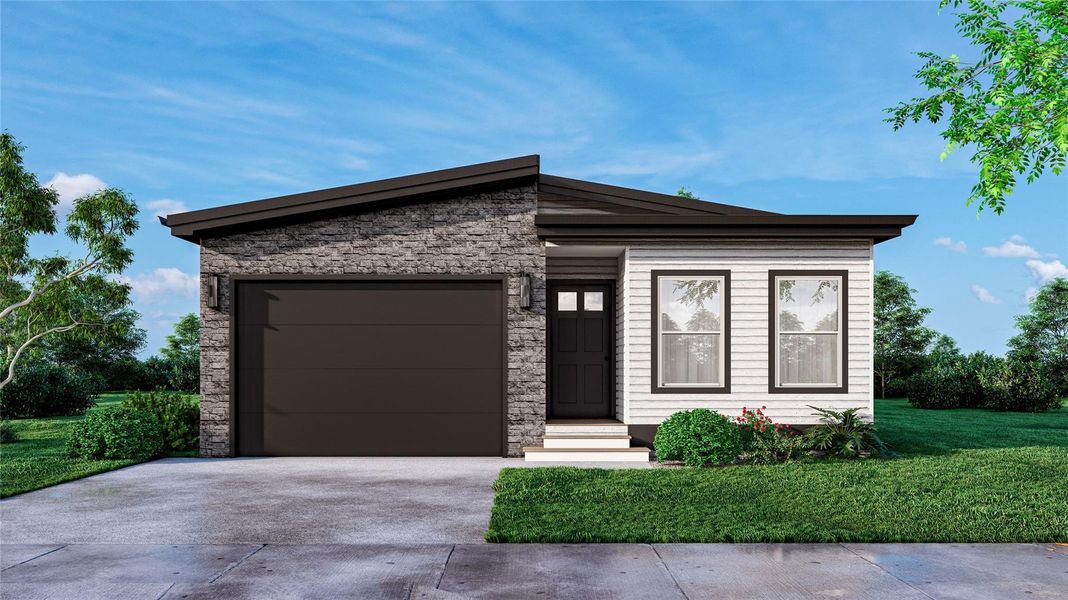 Rendering of to-be-built home. Modern home featuring driveway, a front yard, stone siding, and a garage. Elevation A Rendering of to-be-built home. Modern home featuring driveway, a front yard, stone siding, and a garage. Elevation A