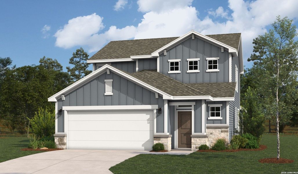 Front exterior of a new home in Veranda Designer, San Antonio, TX, highlighting curb appeal (Image 2). Front exterior of a new home in Veranda Designer, San Antonio, TX, highlighting curb appeal (Image 2).