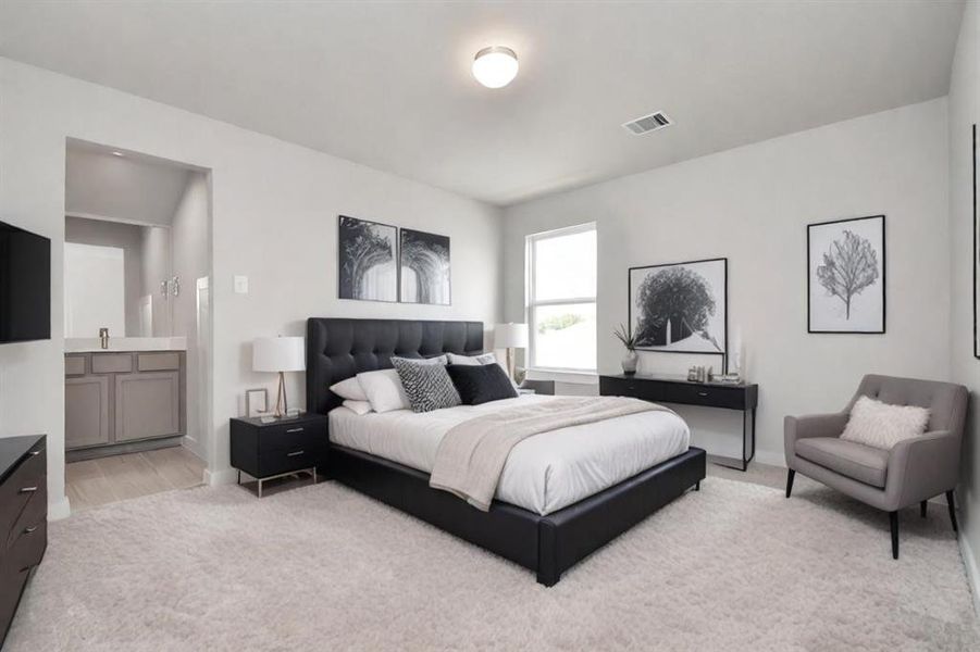 Secondary bedroom features plush carpet, custom paint, large window with privacy blinds and access to the Jack and Jill bath. Sample photo of completed home with similar floor plan. Actual colors and selections may vary.