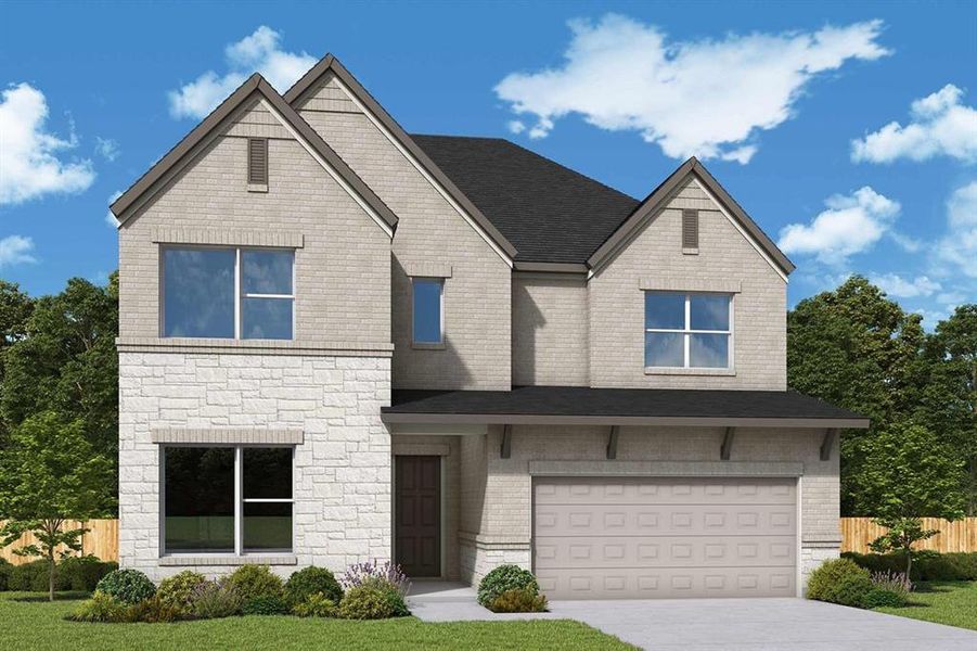 Two-story residence featuring light brick and stone masonry, a dark shingle roof, a two-car garage, and a covered entry Two-story residence featuring light brick and stone masonry, a dark shingle roof, a two-car garage, and a covered entry