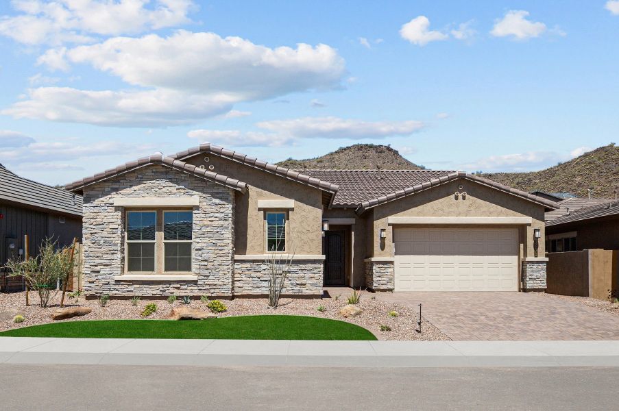 Front exterior of a new home in Meridian at Northpointe at Vistancia, Peoria, AZ, highlighting curb appeal (Image 1). Front exterior of a new home in Meridian at Northpointe at Vistancia, Peoria, AZ, highlighting curb appeal (Image 1).