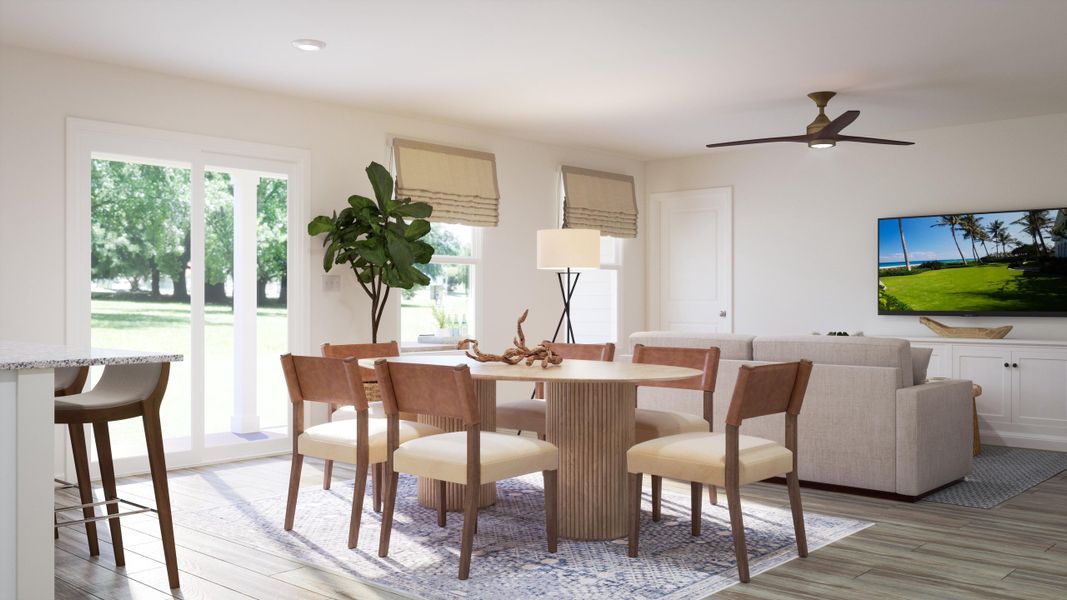 A dining room with a large television. A dining room with a large television.