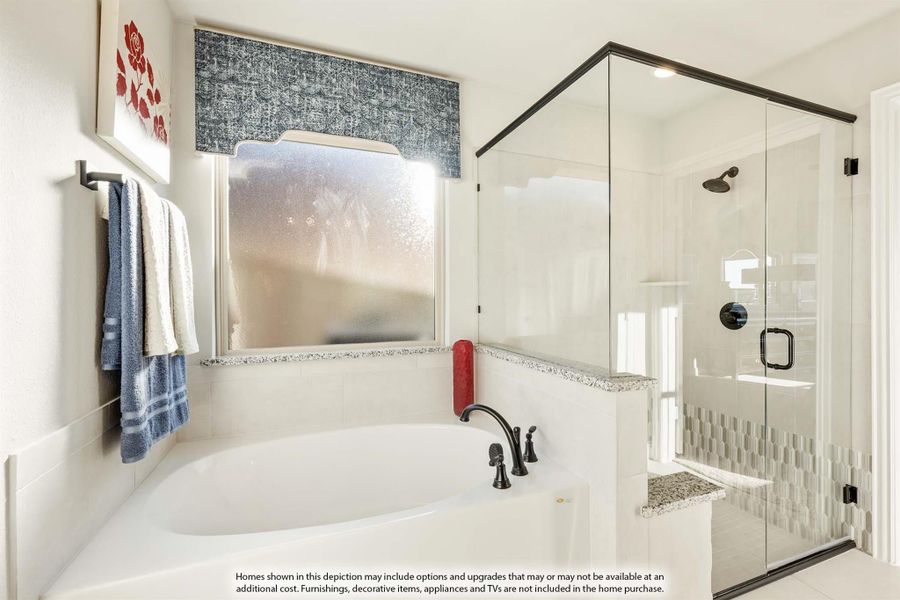 Bathroom with soaking tub, glass-enclosed walk-in shower, and frosted window with decorative valance Bathroom with soaking tub, glass-enclosed walk-in shower, and frosted window with decorative valance