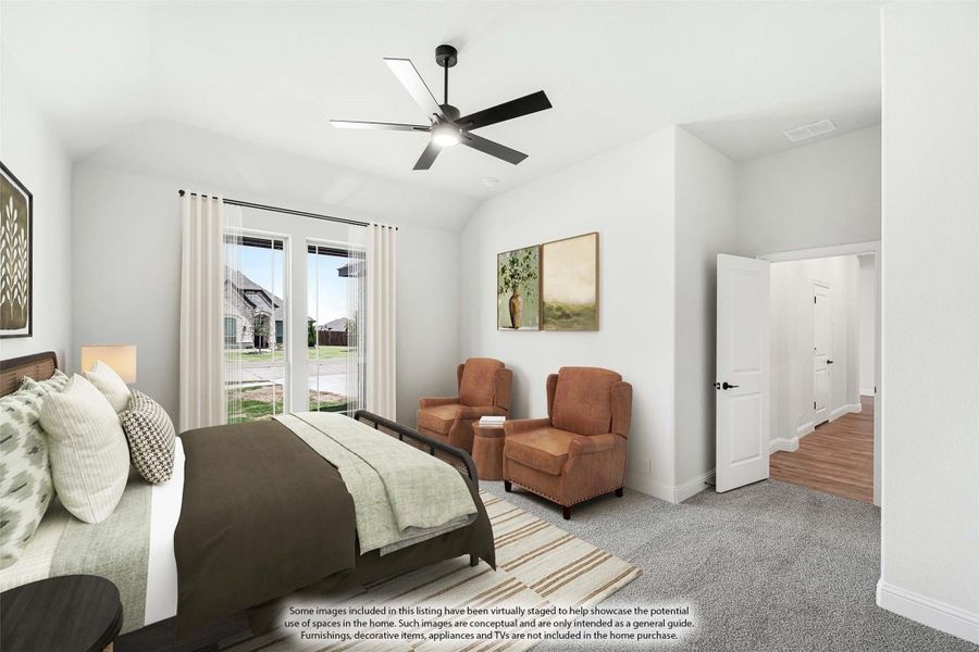 Bedroom with vaulted ceiling, ceiling fan, carpet flooring, and French doors leading outside