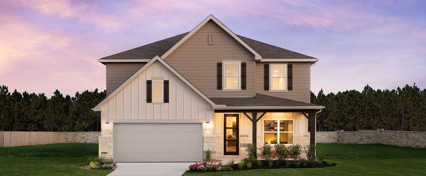 Representative exterior photo of a completed home built from the Gage by Ashton Woods in The Wilder, Adkins, TX (Image 2). Representative exterior photo of a completed home built from the Gage by Ashton Woods in The Wilder, Adkins, TX (Image 2).