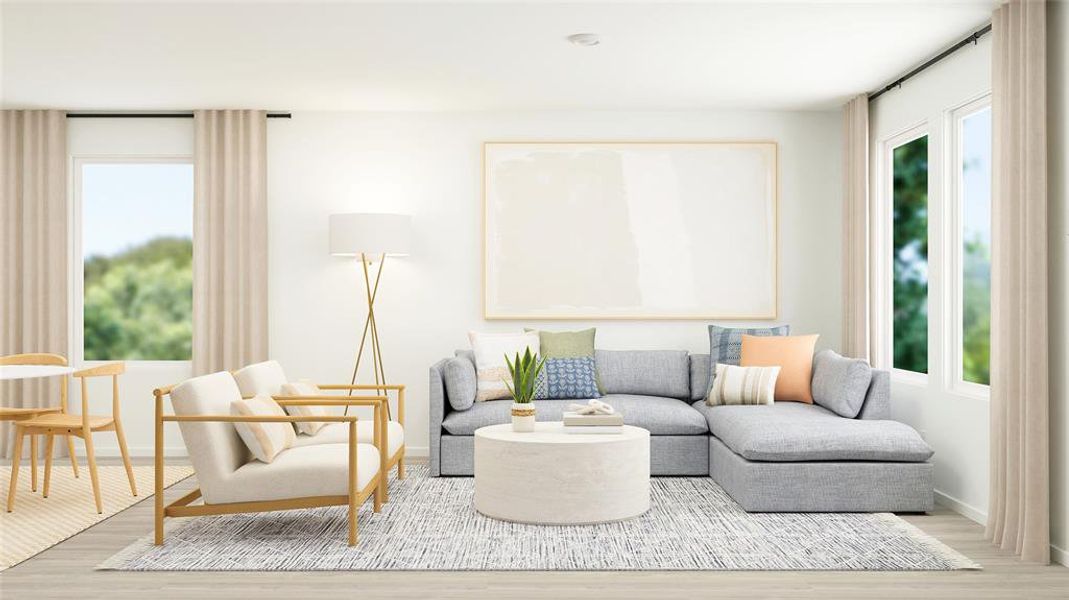 Living room with light hardwood / wood-style floors