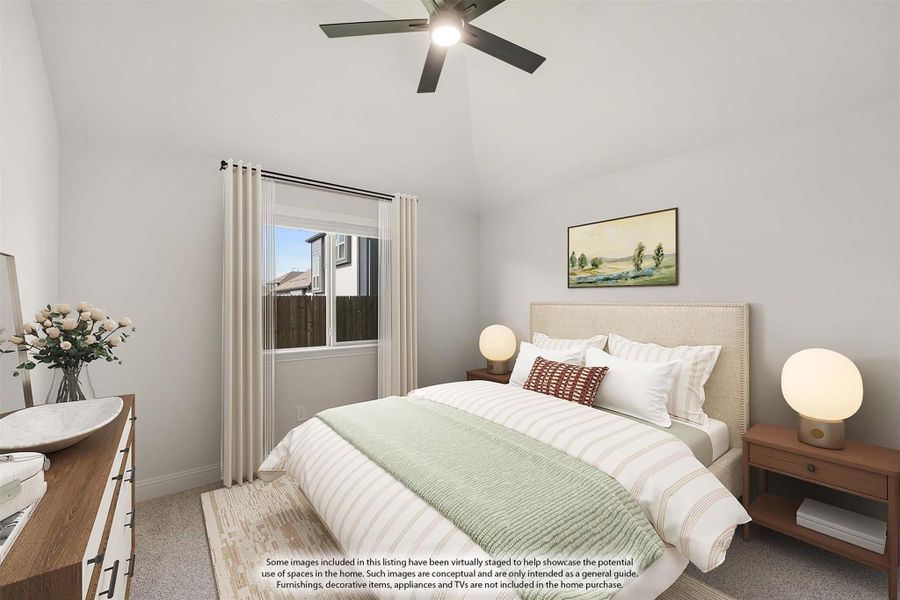 Bedroom with vaulted ceiling, ceiling fan, carpet flooring, and a window with sheer curtains