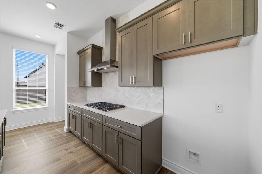 Modern, abundant cabinetry paired with elegant quartz countertops adds a luxurious and sophisticated touch to the home.