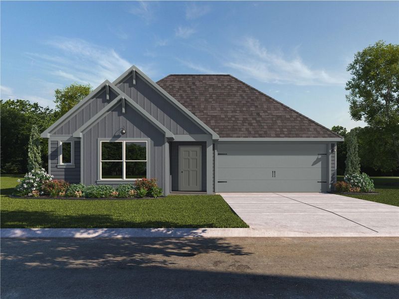 View of front facade featuring board and batten siding, a shingled roof, concrete driveway, and a front lawn