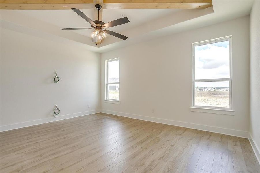 Empty room featuring a raised ceiling, ceiling fan, and light hardwood / wood-style floors