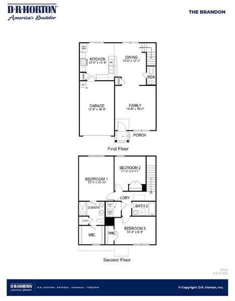 2D floor plan layout for the BRANDON by D.R. Horton in Center Pointe, Santee, SC (Image 3).