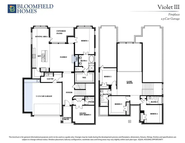 Bloomfield Homes Violet III floor plan showing two-story layout with four bedrooms, game room, and 2.5-car garage.