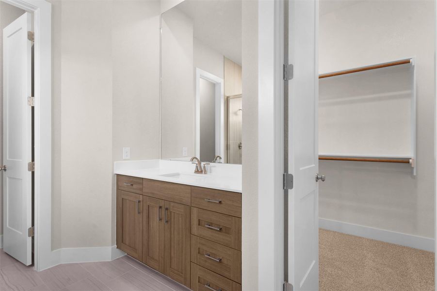 Bathroom featuring vanity and a closet