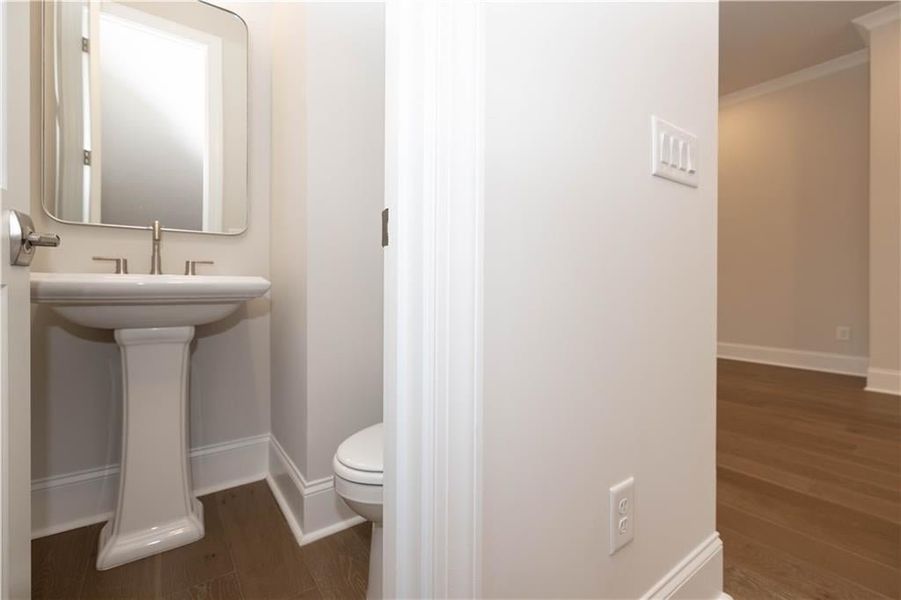 Bathroom featuring dark wood-type flooring and crown molding