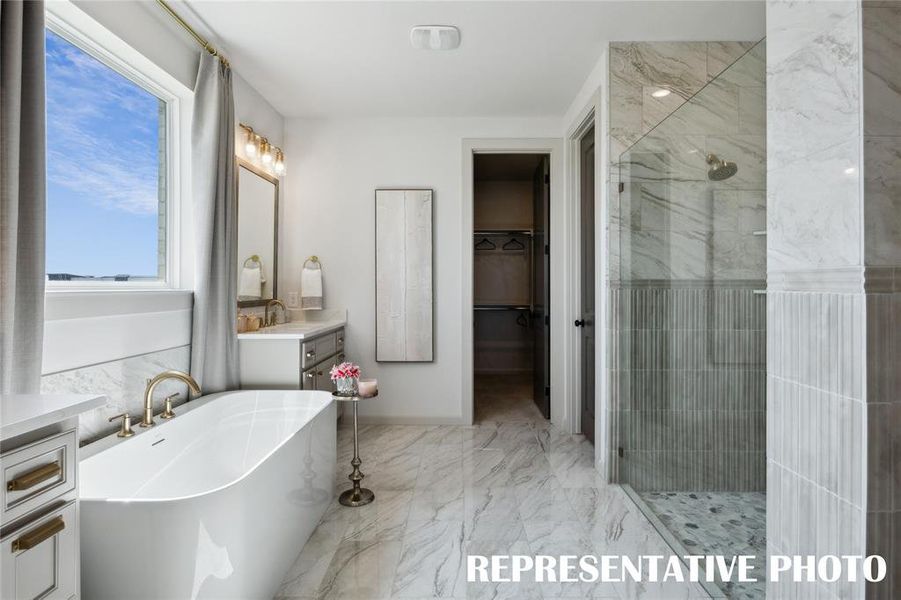 Gorgeous owner's baths that you will never want to leave are waiting for you in all of our beautiful new homes!  REPRESENTATIVE PHOTO OF MODEL HOME